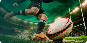 Rugby players dressed in black kicking the rugby ball inside the rugby stadium.