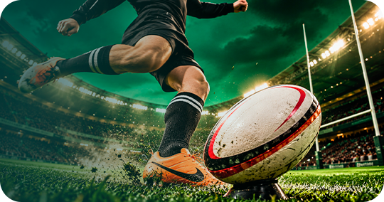 Rugby players dressed in black kicking the rugby ball inside the rugby stadium.
